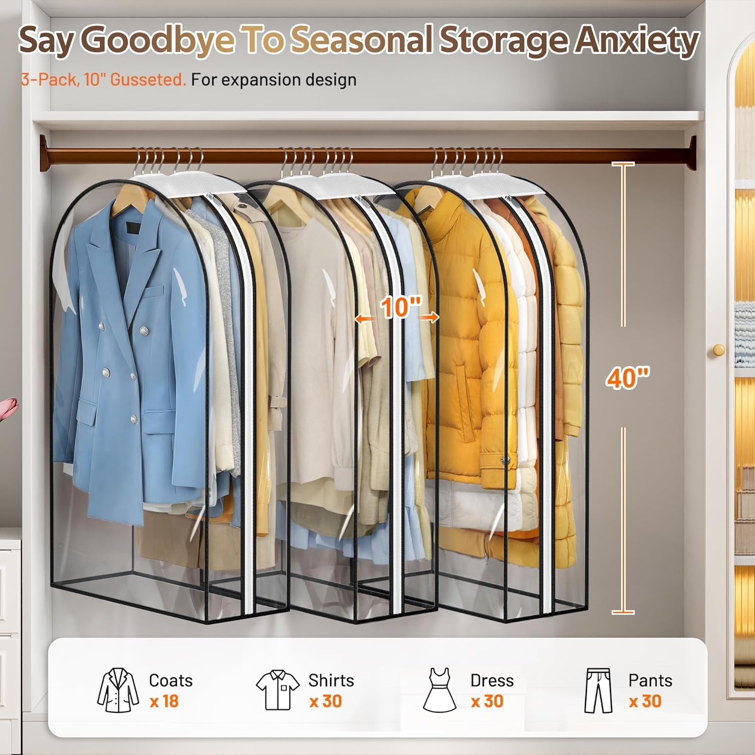 Gusseted Clear Suit Covers Garment Bags for Clothes 100Cm Waterproof Cothes Covers Protector Bags with Side Zip for Coats, Shirts, Dresses, 3 Packs