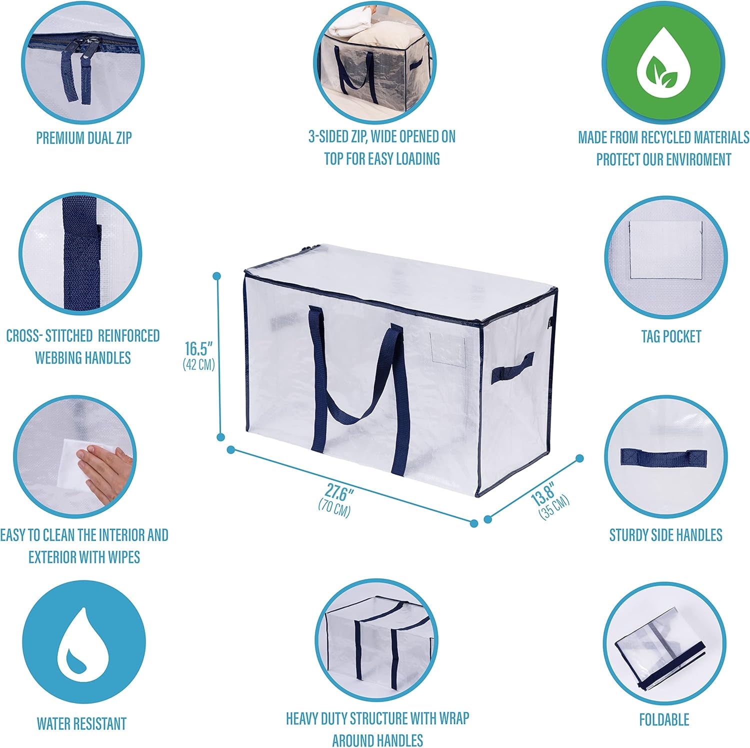 8 Pack Extra Large Moving Storage Bags with Zips, Heavy-Duty Organizer Tote, Moving Box Alternative, Packing Supply, Clothes Storage Bin, Tag Pocket for Label, Water-Resistant (Clear, 8 Pack)