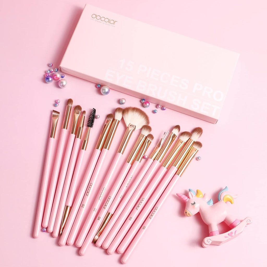 Eyeshadow Brushes  Eye Makeup Brushes 15Pieces Professional Eye Makeup Brush Set with Premium Wooden Handles for Eyeshadow, Concealer, Eyebrow, Eyelash and Eye Liners Neon (Pink, 15Pcs)