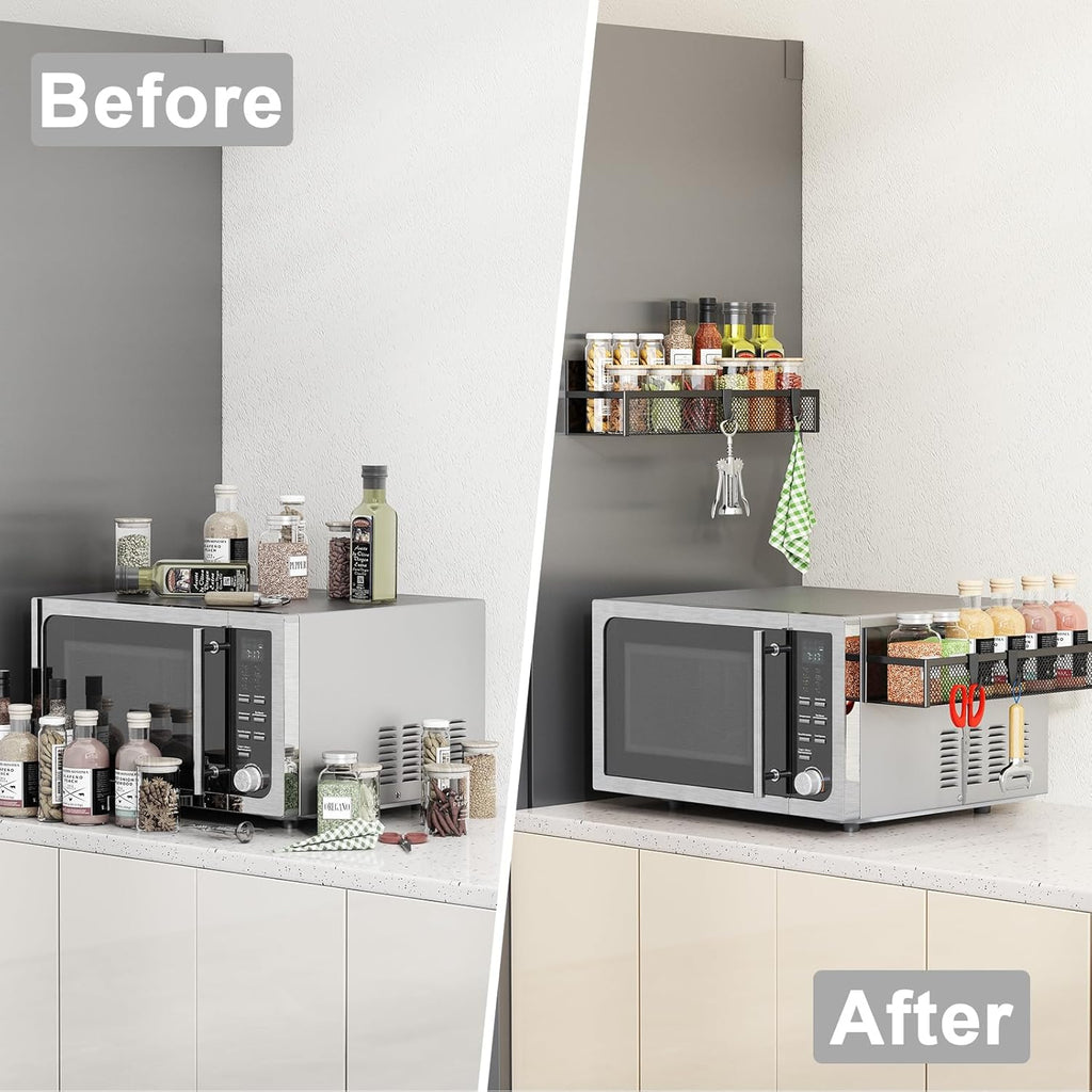 Magnetic Spice Rack for Refrigerator, 2 Pack Magnetic Shelf, Fridge Magnet Organizer with Moveable 4 Hooks, Magnet Fridge Shelf for Kitchen Organization and Storage (2 Pack)